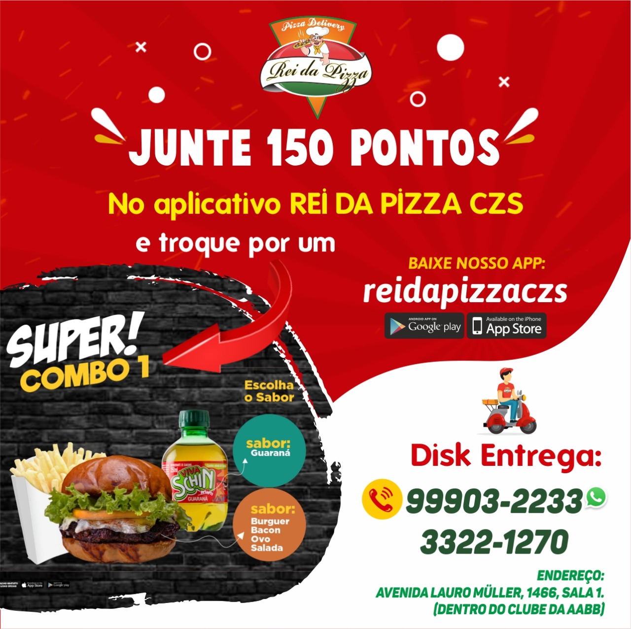 Peça sua #Pizza 🍕 hoje pelo APP 🤳 #reidapizzaczs e acumule pontos para trocar por prêmios exclusivos