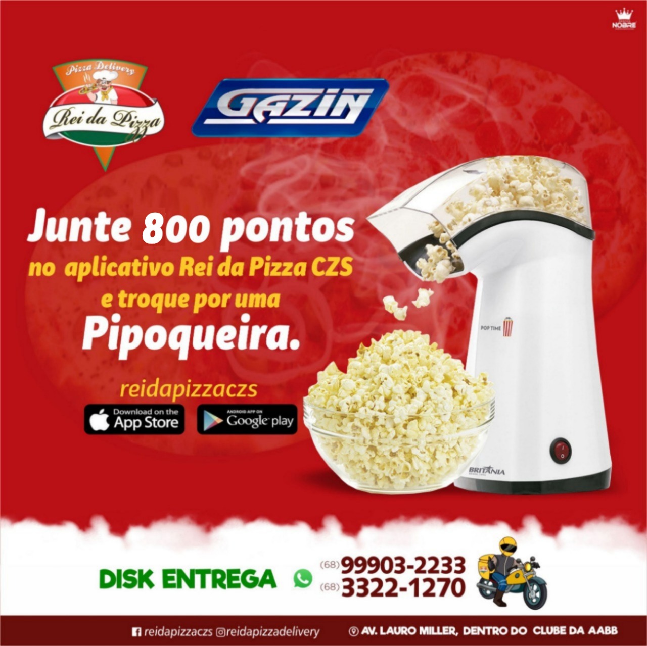 Peça sua #Pizza 🍕 hoje pelo APP 🤳 #reidapizzaczs e acumule pontos para trocar por prêmios exclusivos