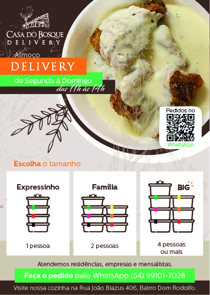 Casa do Bosque, almoço Delivery de segunda à domingo